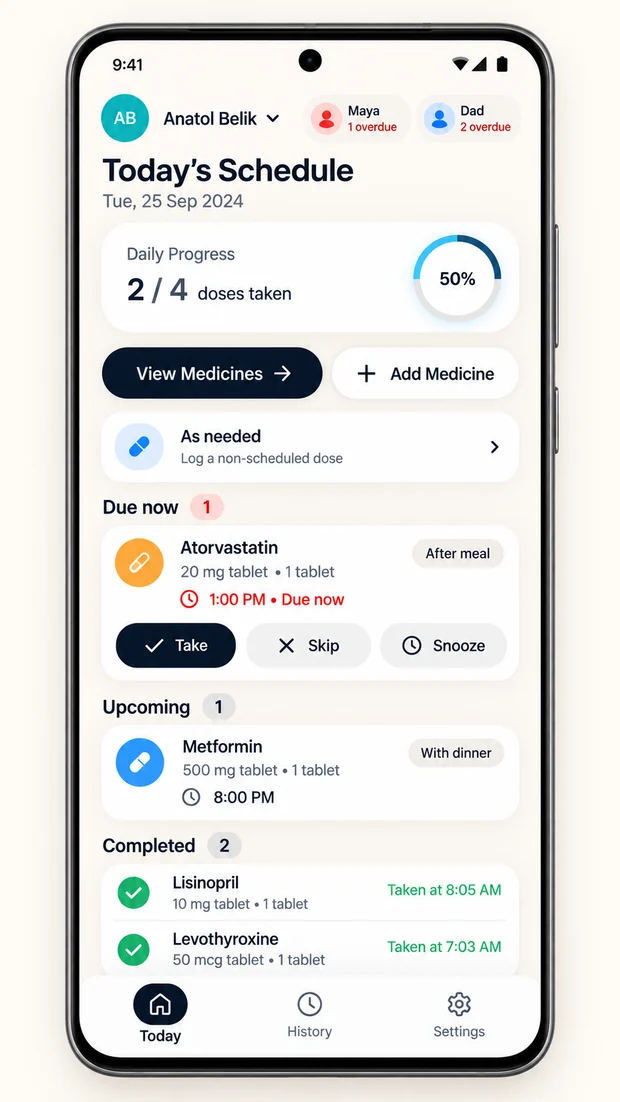 Dose Tracker Today screen design preview, showing scheduled medicines and logged doses